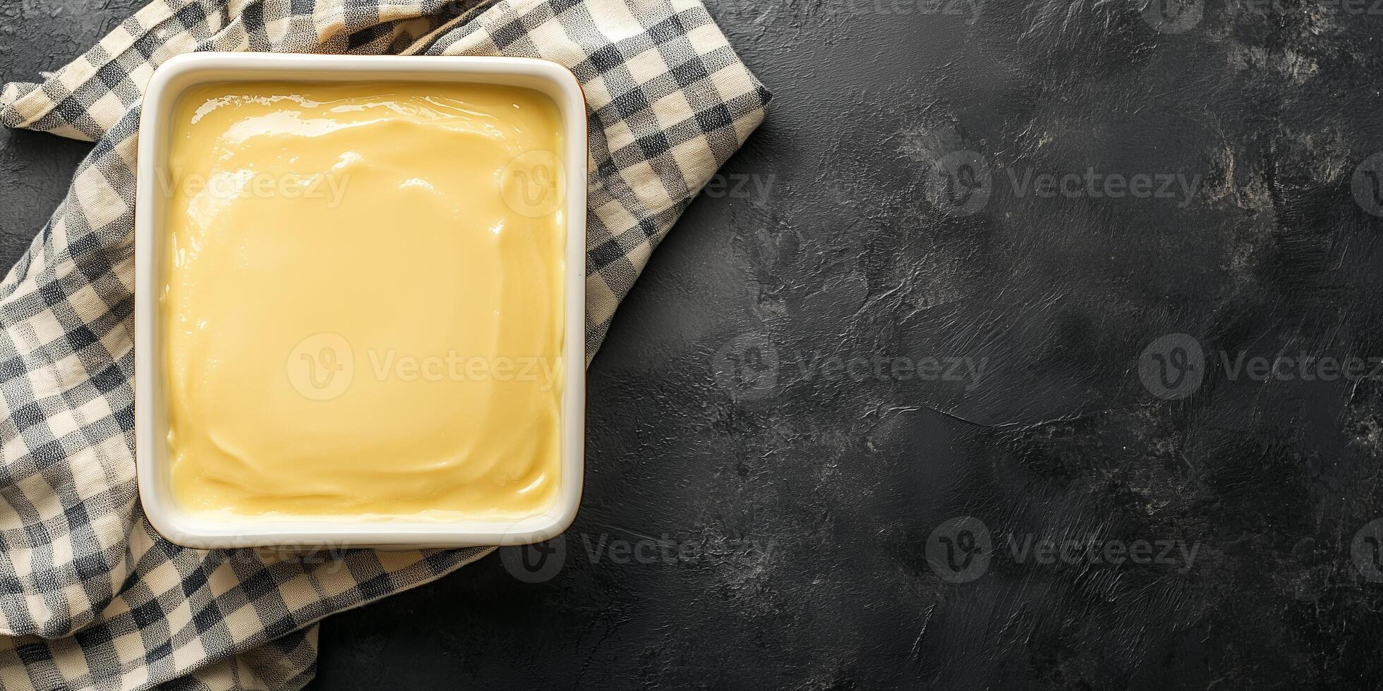 Custard served in a rectangular dish with an undisturbed top layer, culinary photography photo