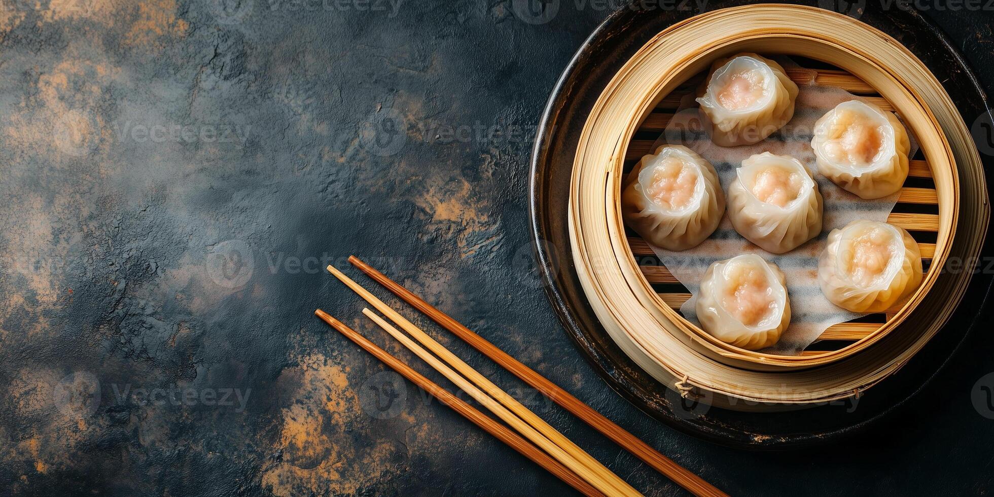 Dim sum displayed in a bamboo steamer basket with chopsticks nearby, food photography photo