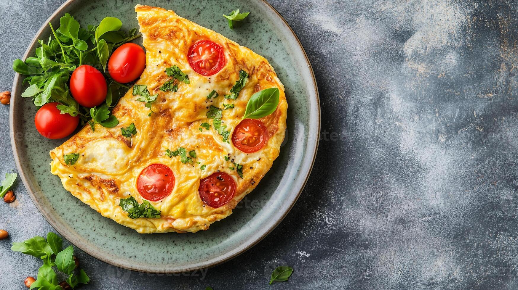 Egg dishes on a large plate featuring omelets and quiche, food photography photo