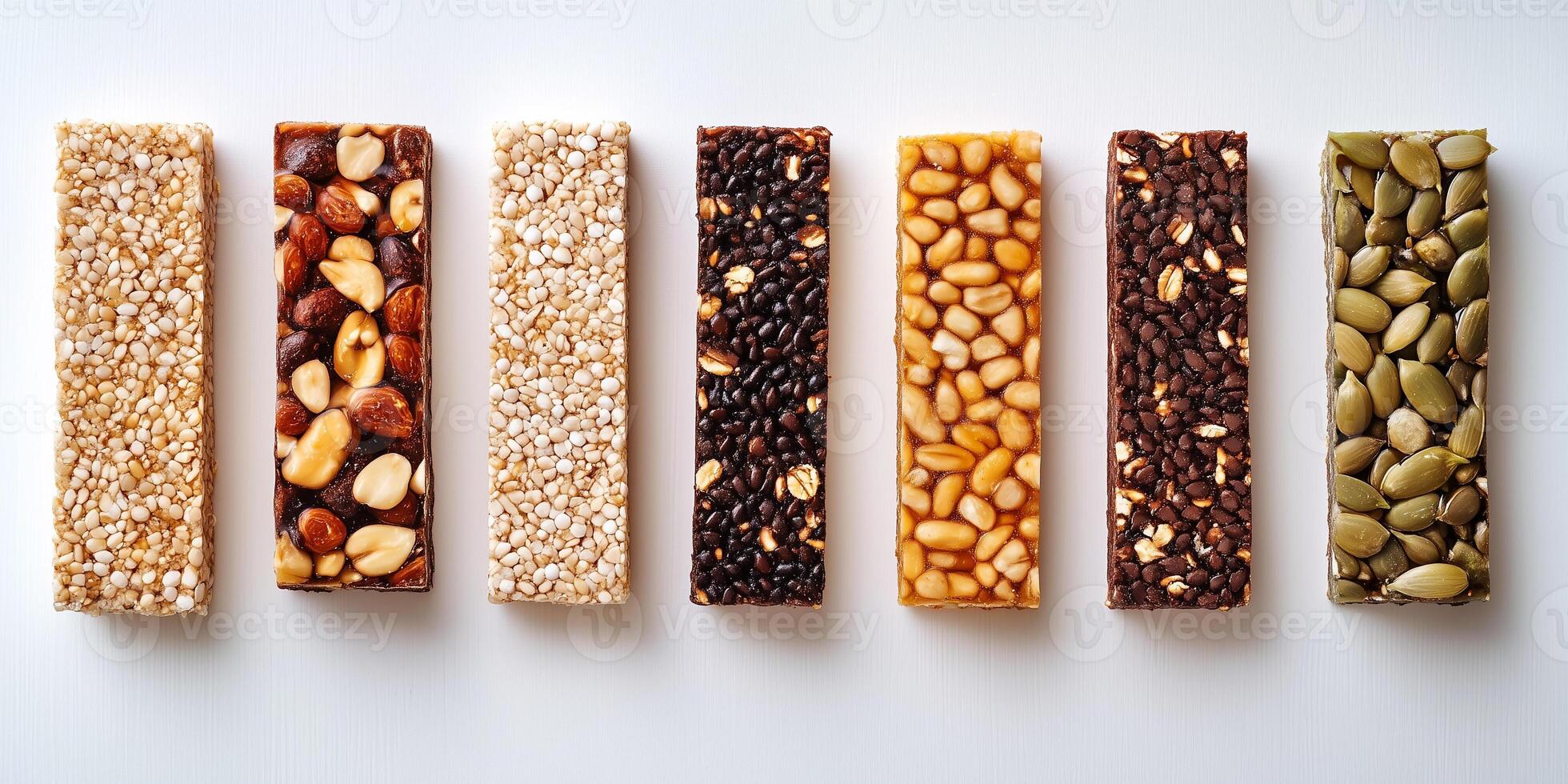 Energy bars arranged in a row, showcasing visible grains and seeds, culinary photography photo