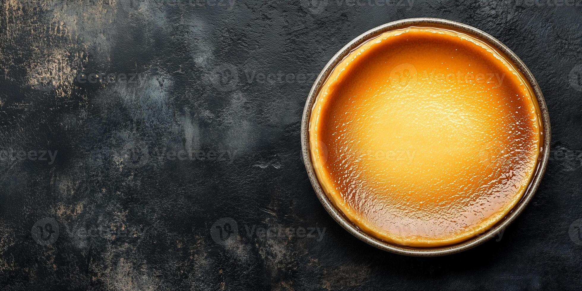 Flan in a wide, shallow dish with a consistent, smooth surface, culinary photography photo
