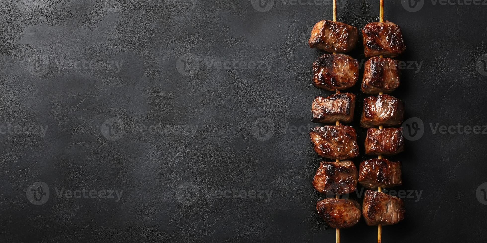 Grilled meat chunks on a skewer, lying horizontally on a flat surface, food photography photo