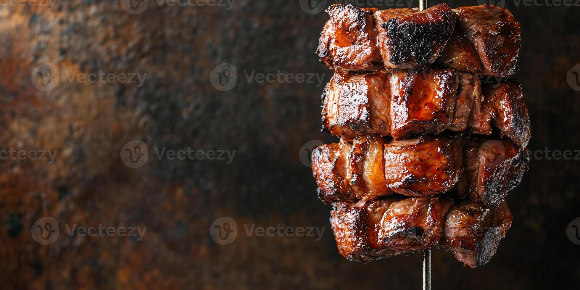 Layered grilled meat stack on a rotisserie, positioned vertically, culinary photography photo