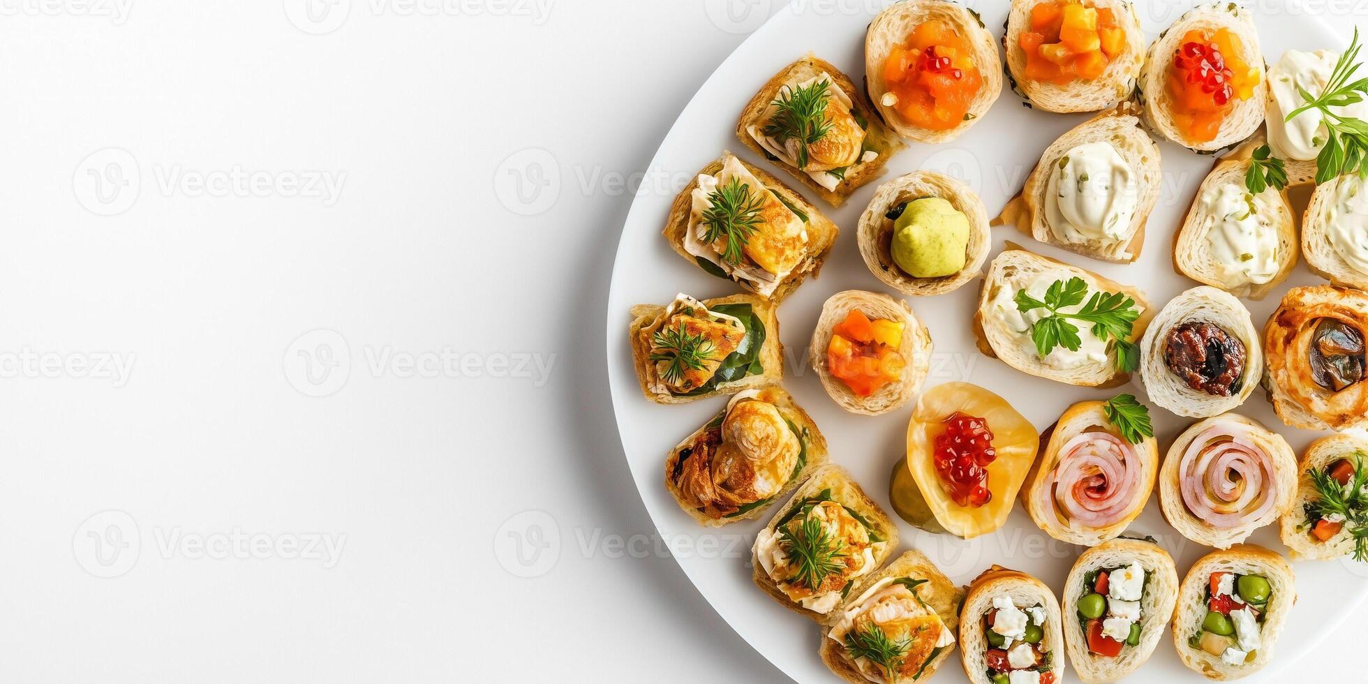 Multiple finger foods placed symmetrically on a white plate for serving, culinary photography photo