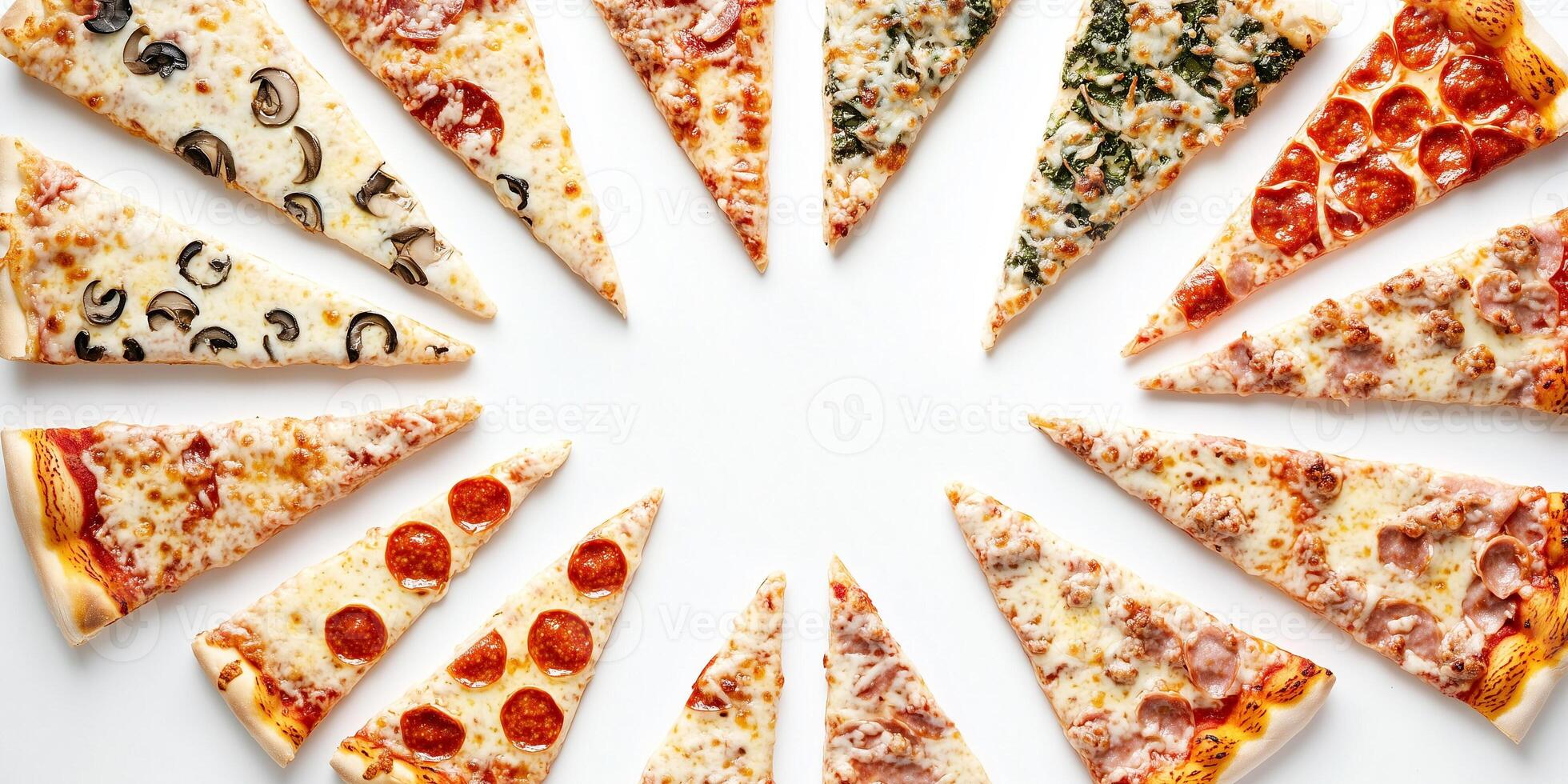 Multiple pizza slices arranged in a circular pattern showing crust and toppings, culinary photography photo
