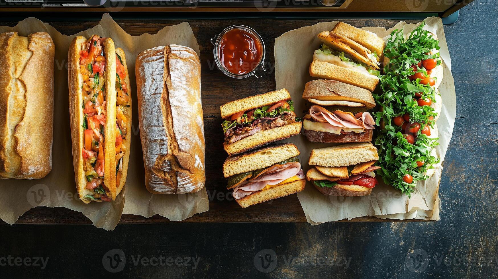 Several classic deli sandwiches displayed on a bakery counter beside a register, food photography photo