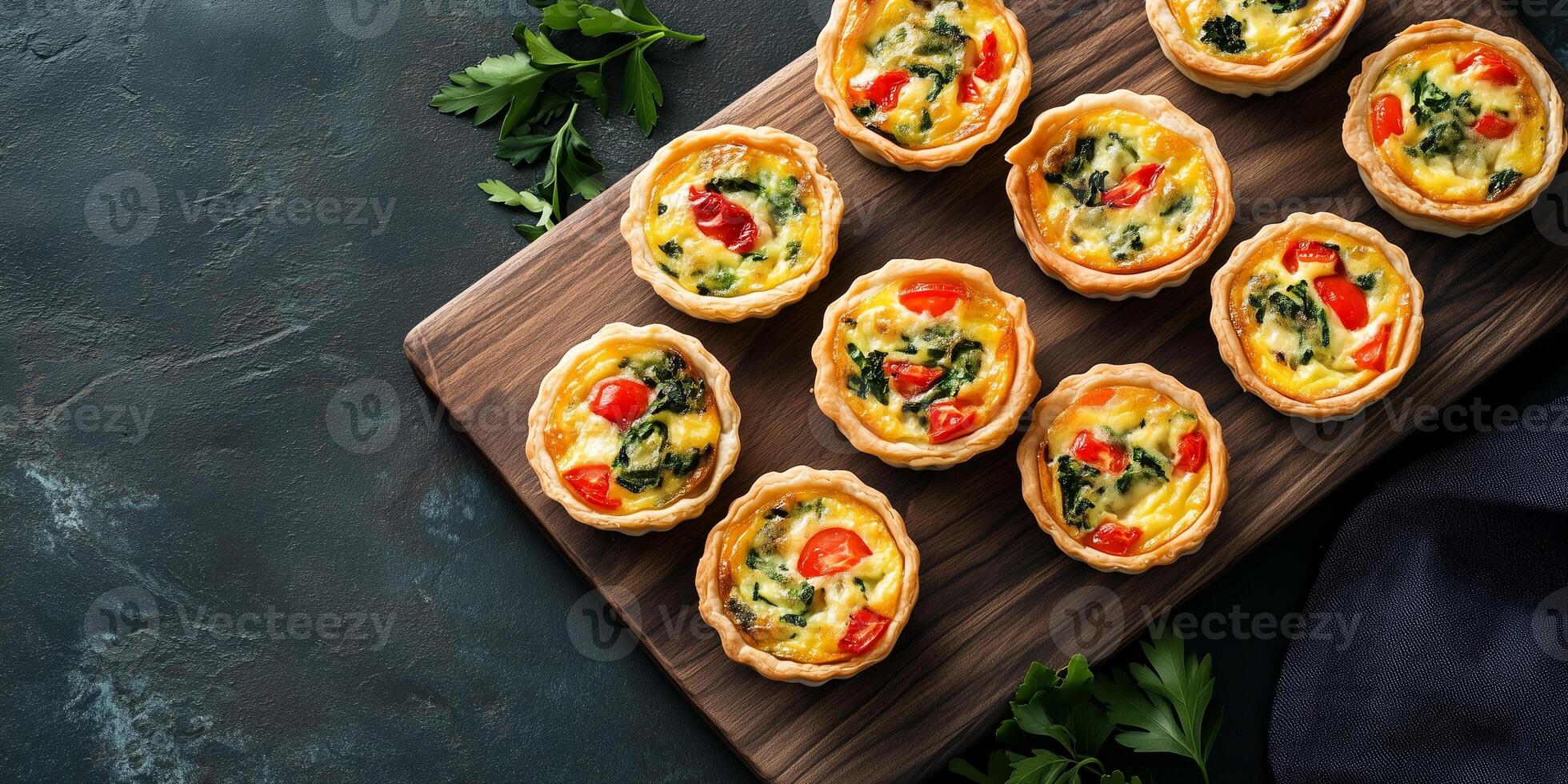 Mini quiches symmetrically arranged on a rectangular board, culinary photography photo