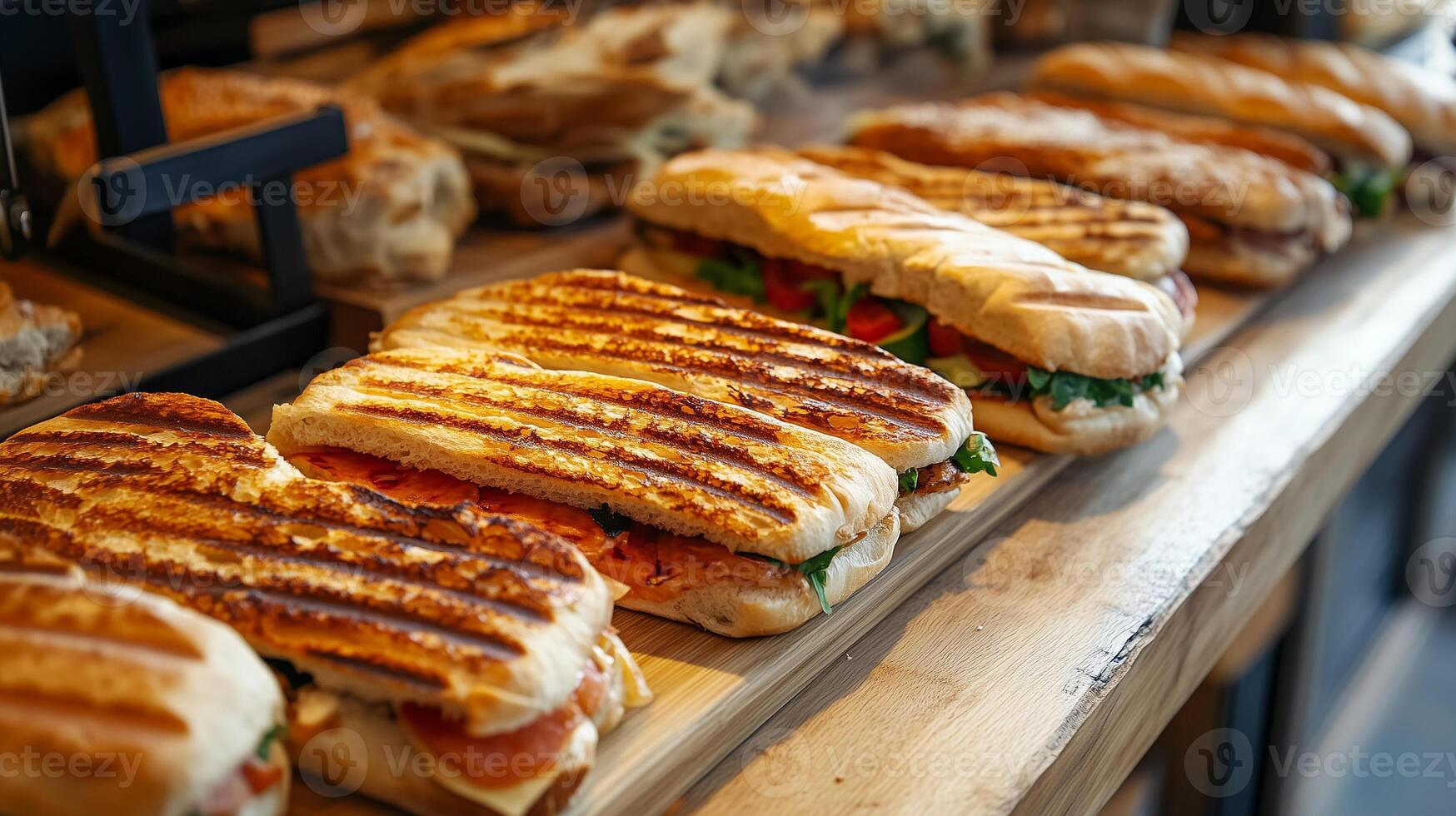 Several paninis arranged on a bakery counter near other sandwiches, food photography photo