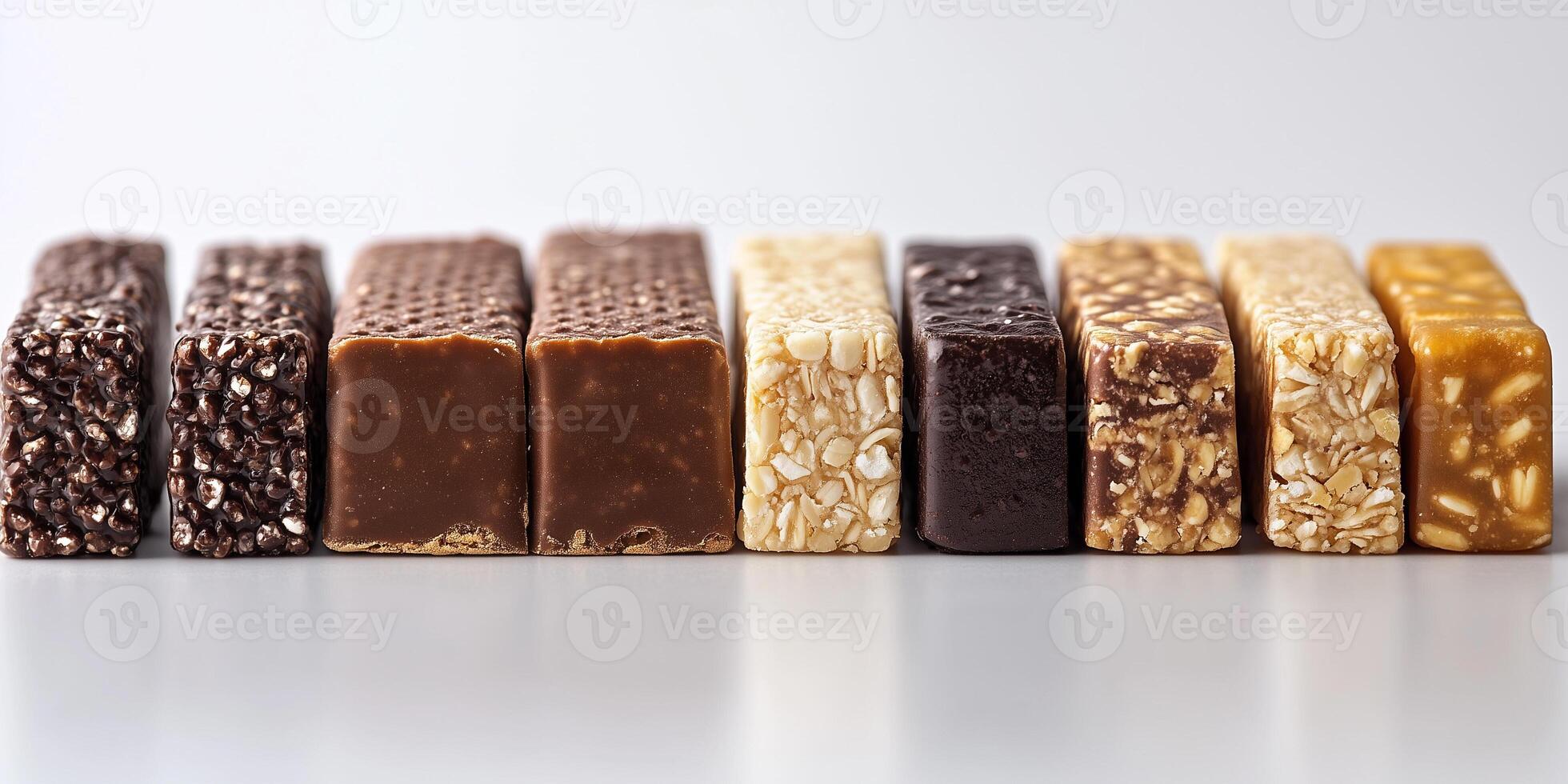 Protein bars in a row, showing consistency in size and shape, food photography photo