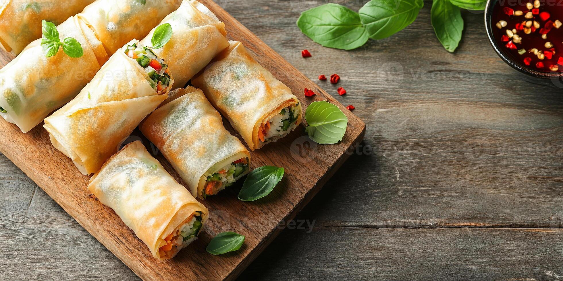 Spring rolls positioned in an orderly pattern on a flat serving board, food photography photo