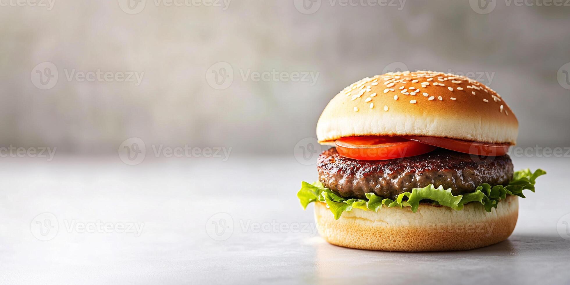 Small burger with patty and fillings, placed horizontally on a clean surface, food photography photo