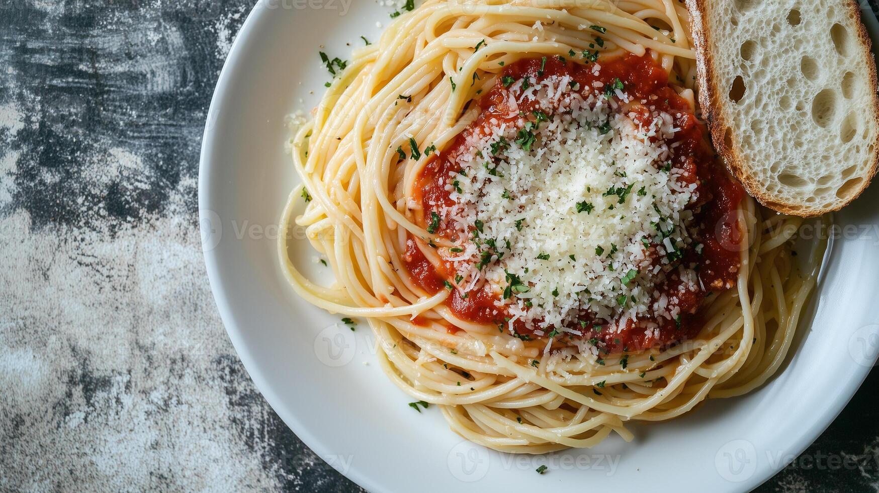 Spaghetti noodles with marinara sauce and grated cheese, served on a plate with breadsticks, culinary photography photo