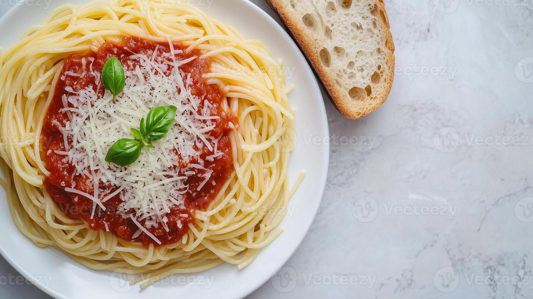 Spaghetti with tomato sauce and grated cheese on a plate, served with bread, culinary photography photo