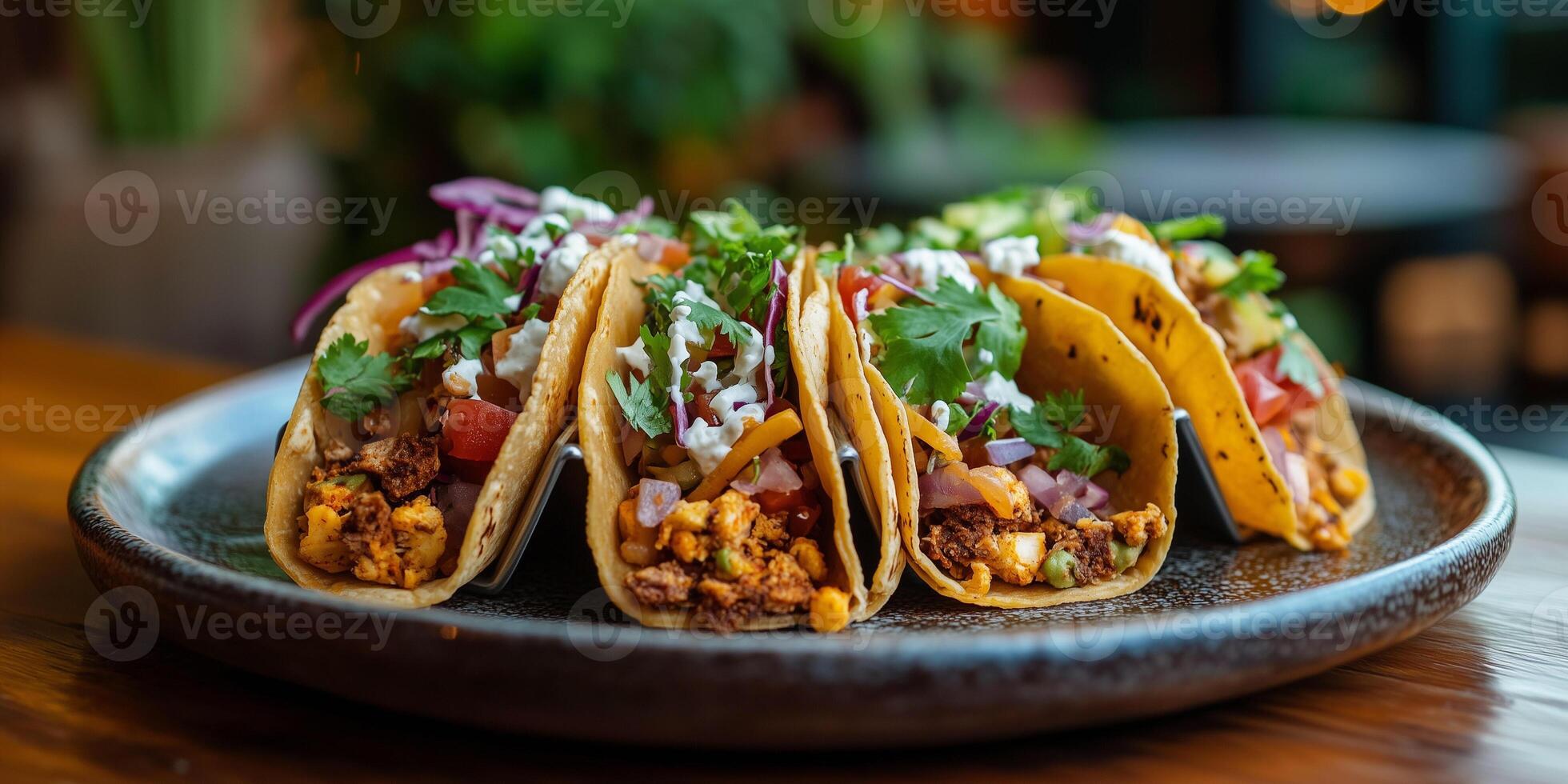 Three fusion tacos on a small plate with various ingredients and garnishes, culinary photography photo