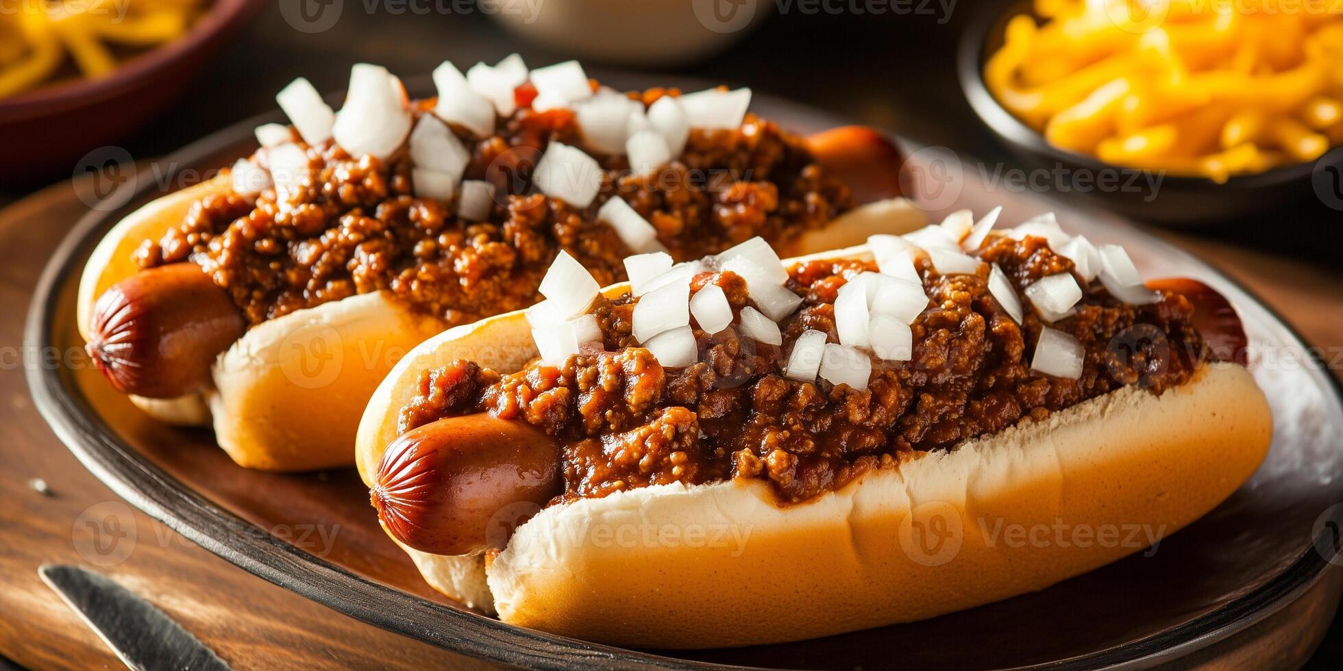 Three chili dogs on a platter, garnished with onions, food photography photo