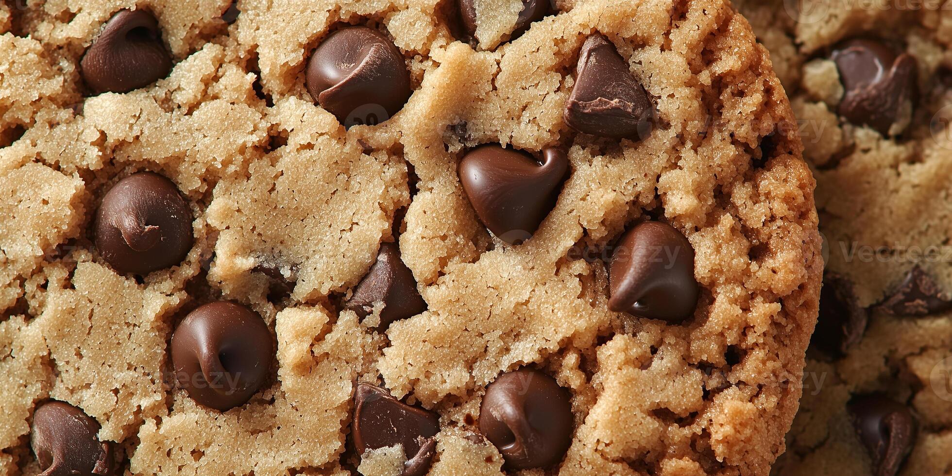 Chocolate chip cookie close-up showing its texture and embedded chocolate chips, gastronomy photography photo