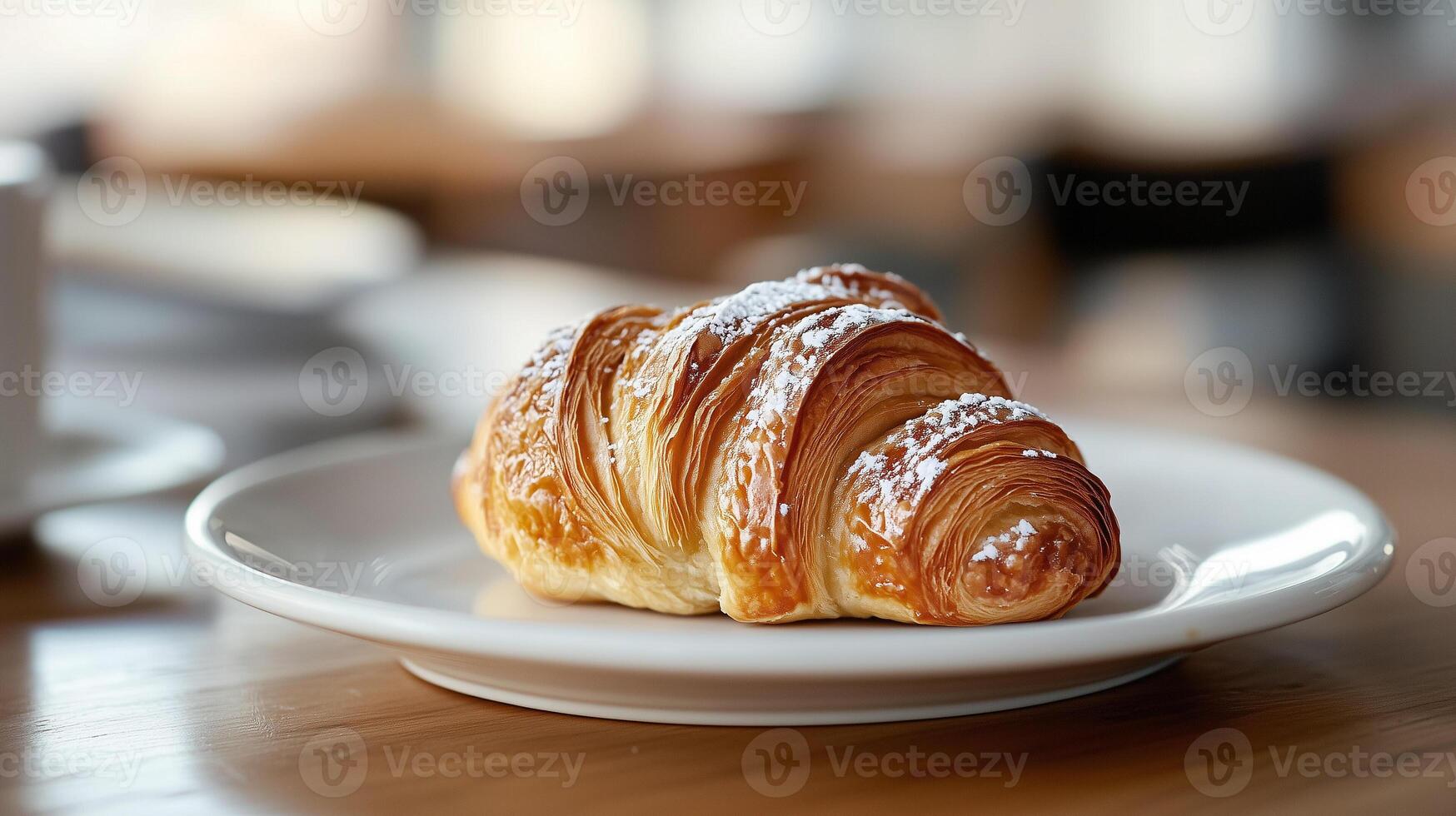 Close-up of a single danish on a white plate on a table, gastronomy photography photo