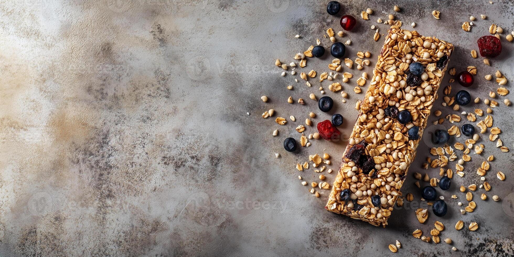 Granola bar on a flat surface with visible grains and seeds, photorealistic food photo