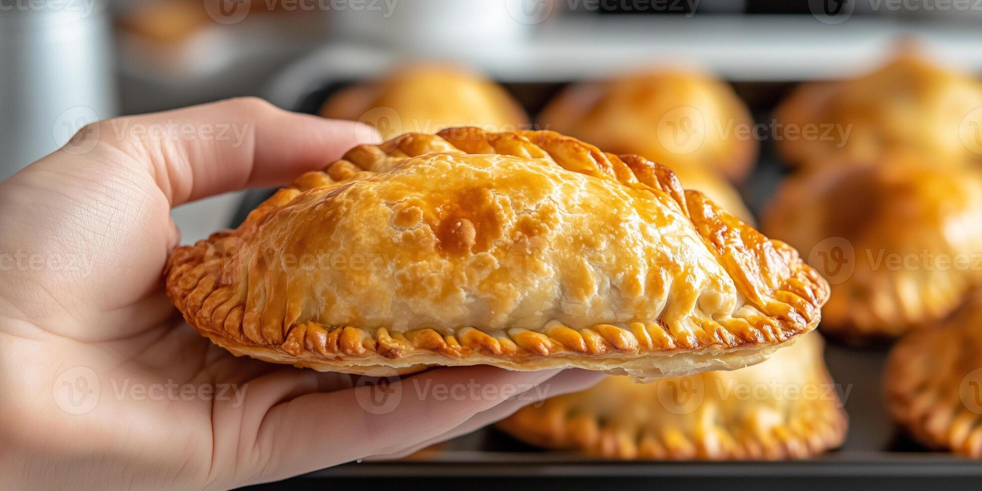Hand holding vegetarian empanada over a serving tray, photorealistic food photo