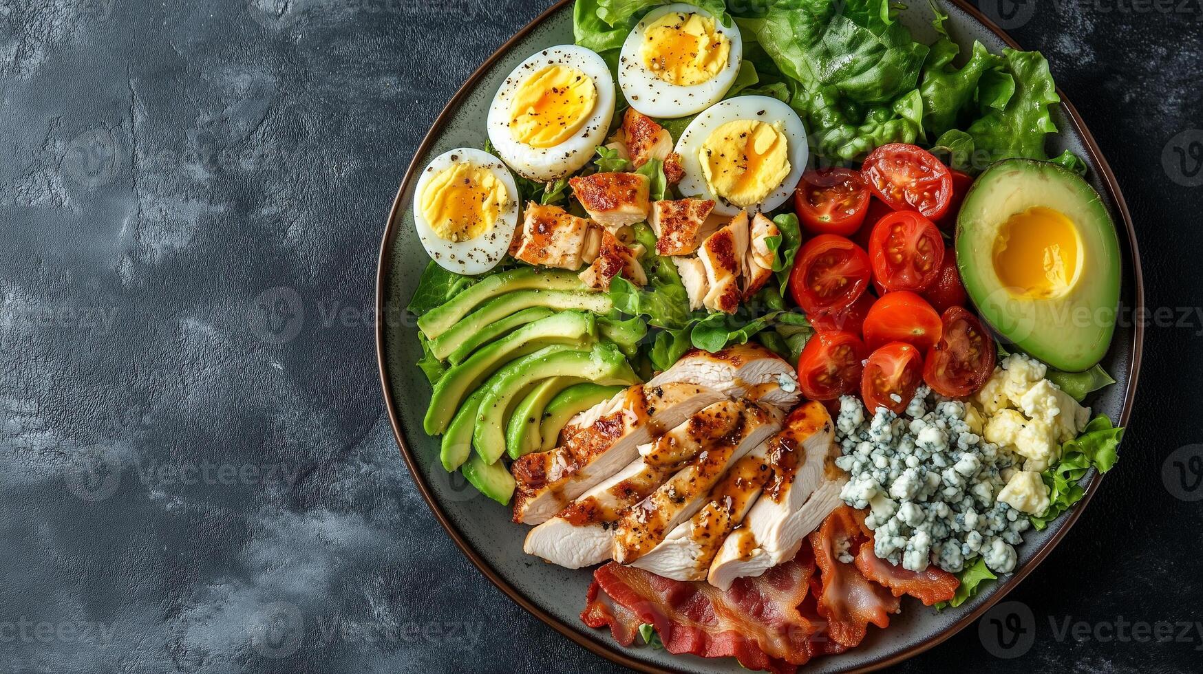 Cobb salad on a plate with chicken, bacon, avocado, eggs, tomatoes, and blue cheese crumbles, gastronomy photography photo