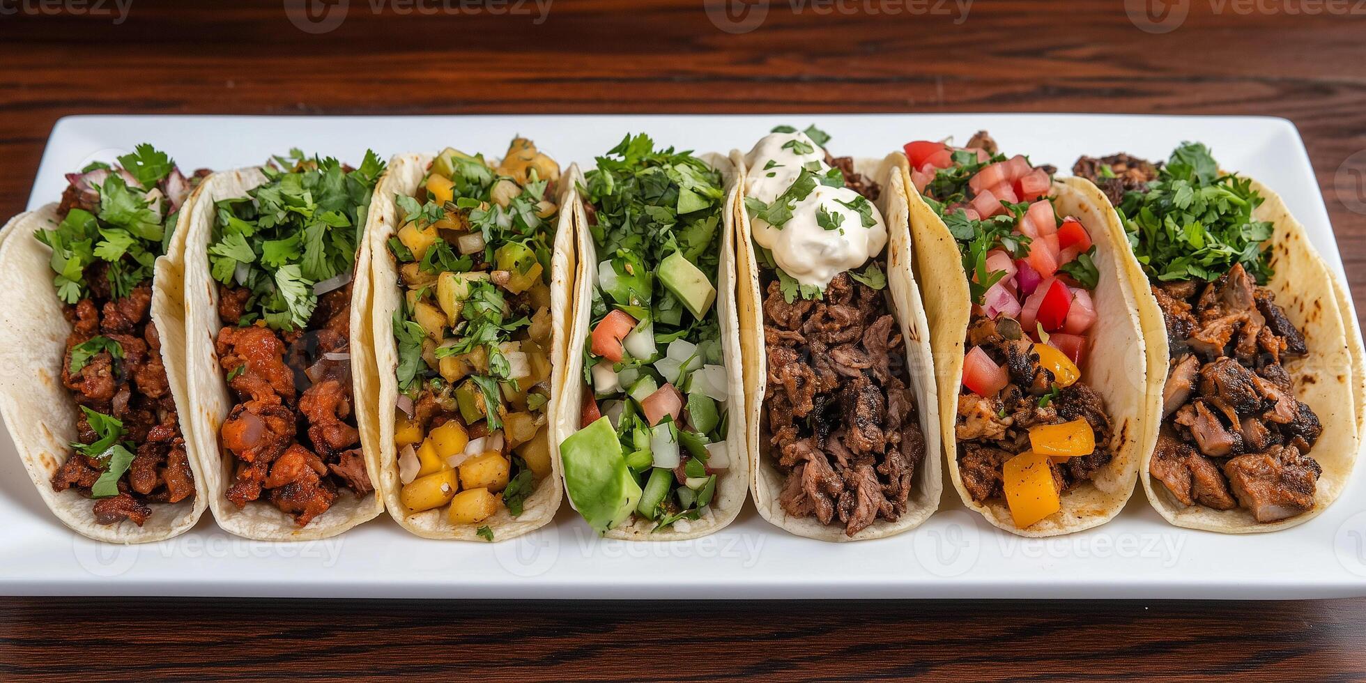 Plate of tacos with different fillings, arranged in a row, with garnishes on top, gastronomy photography photo