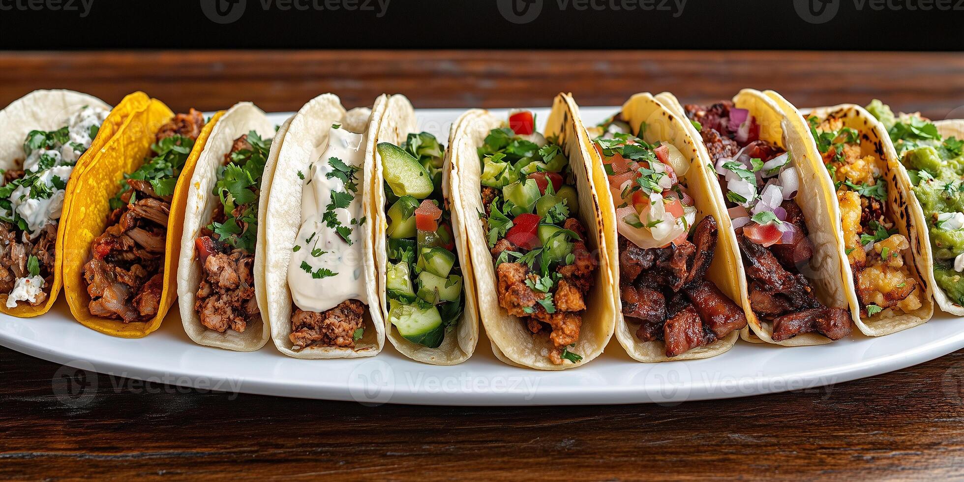 Plate of tacos with different fillings, arranged in a row, with garnishes on top, photorealistic food photo
