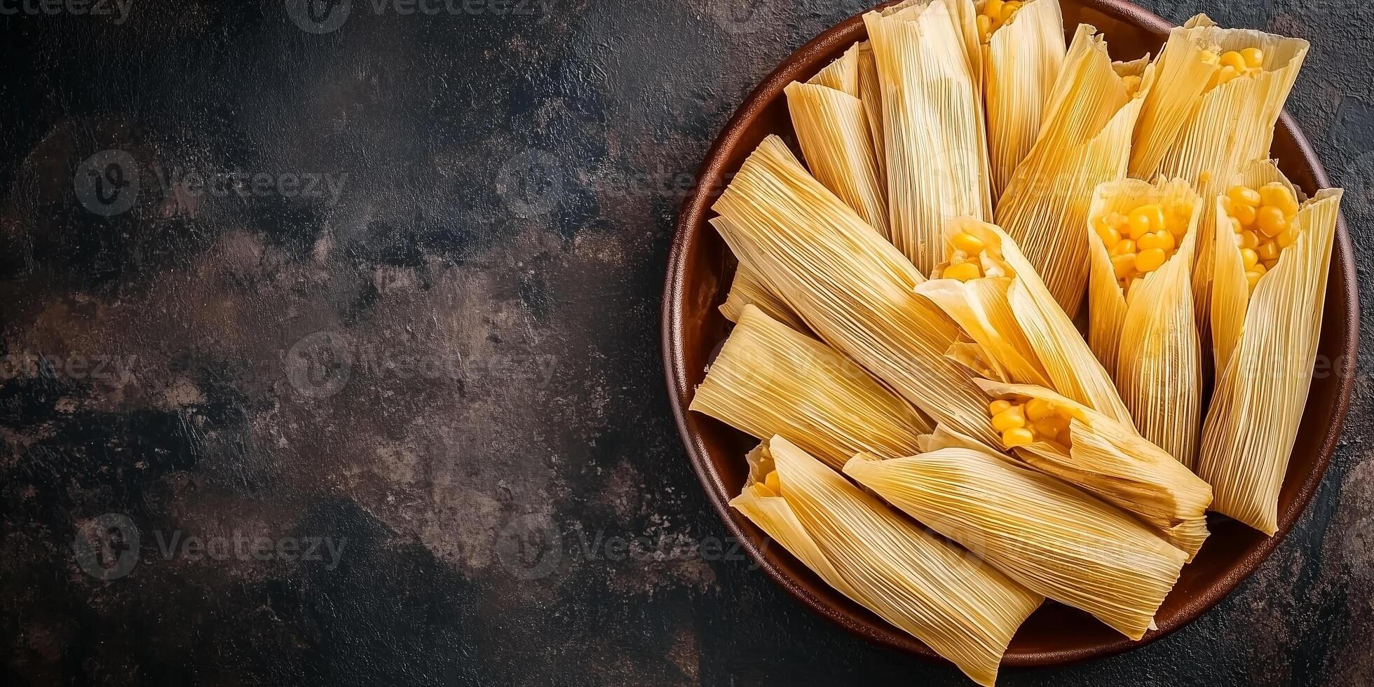 Plate of tamales with neatly wrapped corn husks, arranged side by side on a round dish, photorealistic food photo
