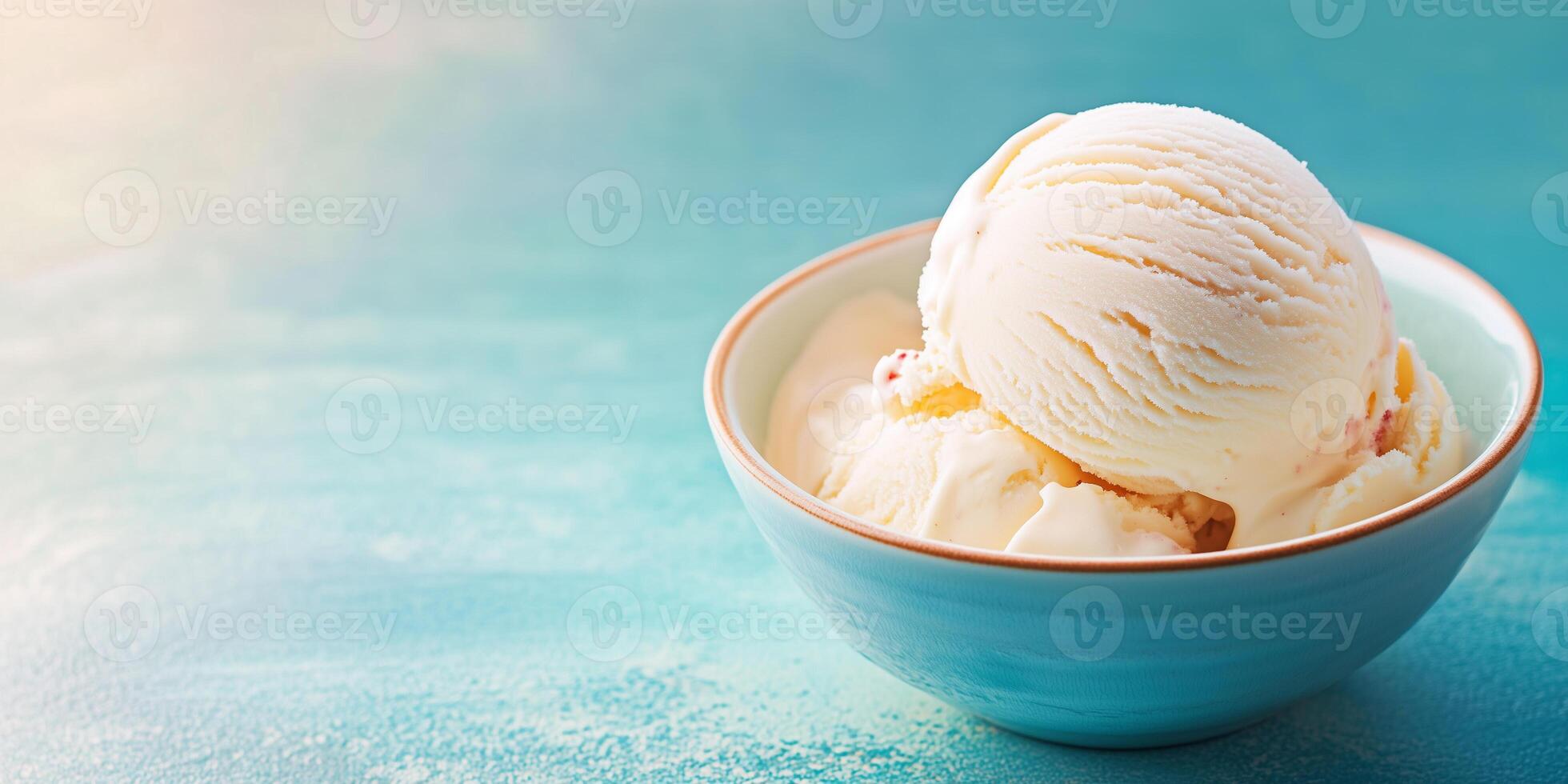 Vanilla ice cream in a bowl, slightly melting at the edges on a hot day, gastronomy photography photo