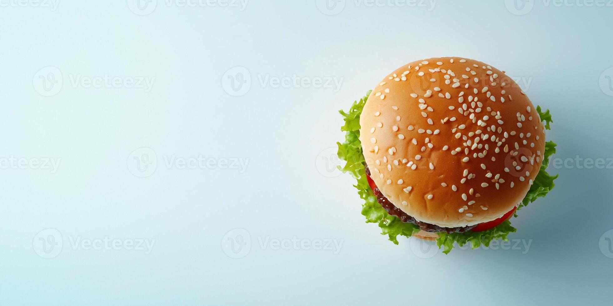 Single assembled burger on a clean flat surface, gastronomy photography photo