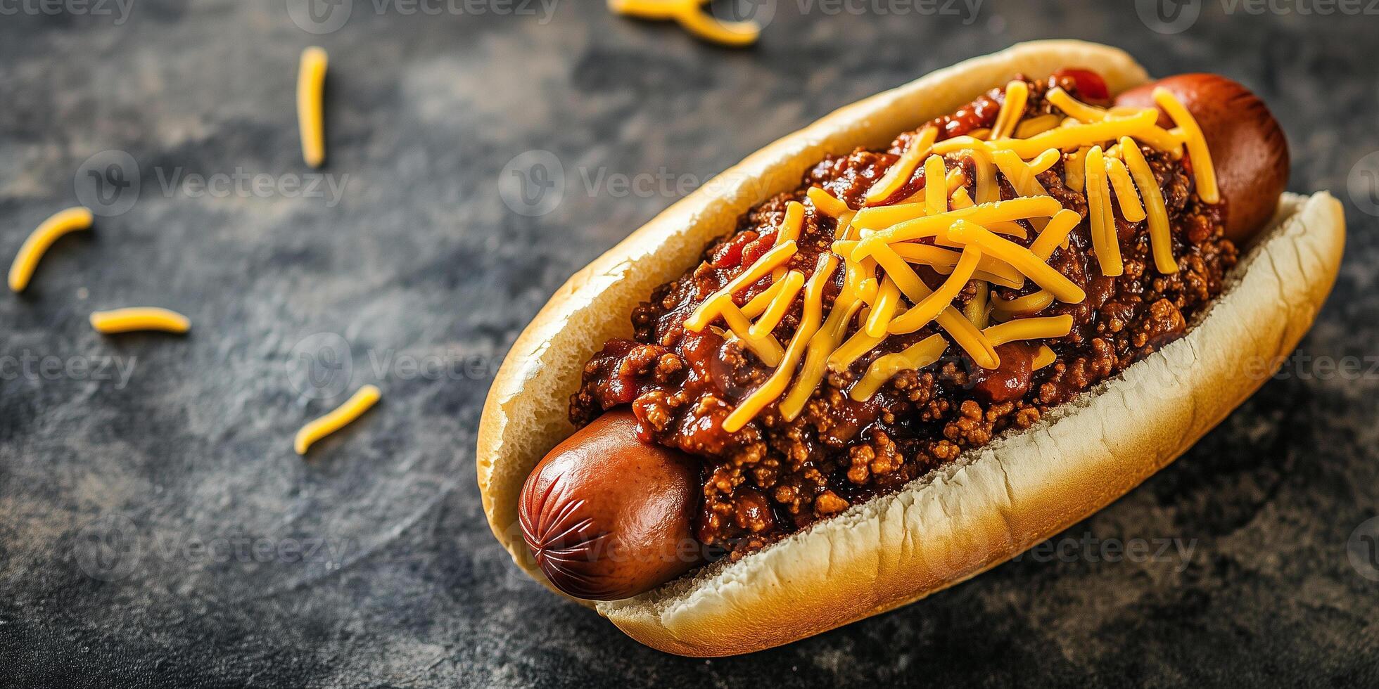 Single chili dog with chili and cheese on top, gastronomy photography photo