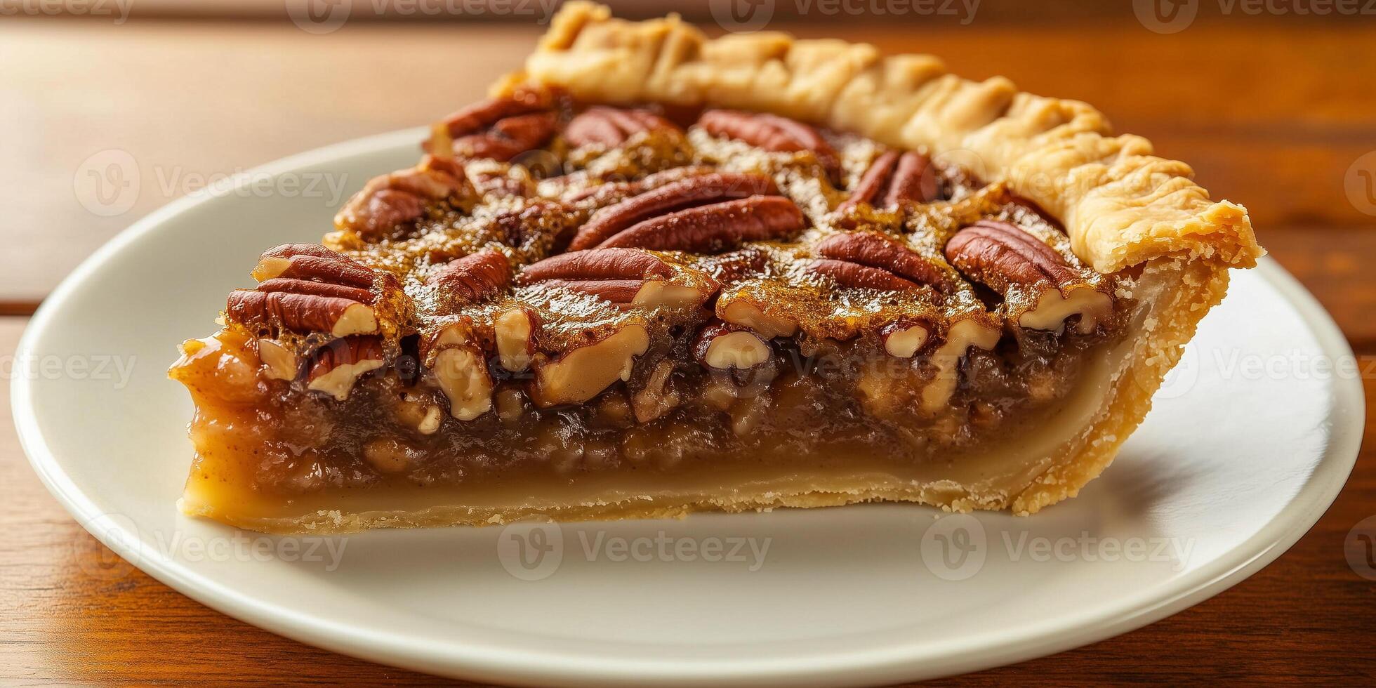 Slice of pie showcasing thick pecan filling within a perfectly baked crust, gastronomy photography photo