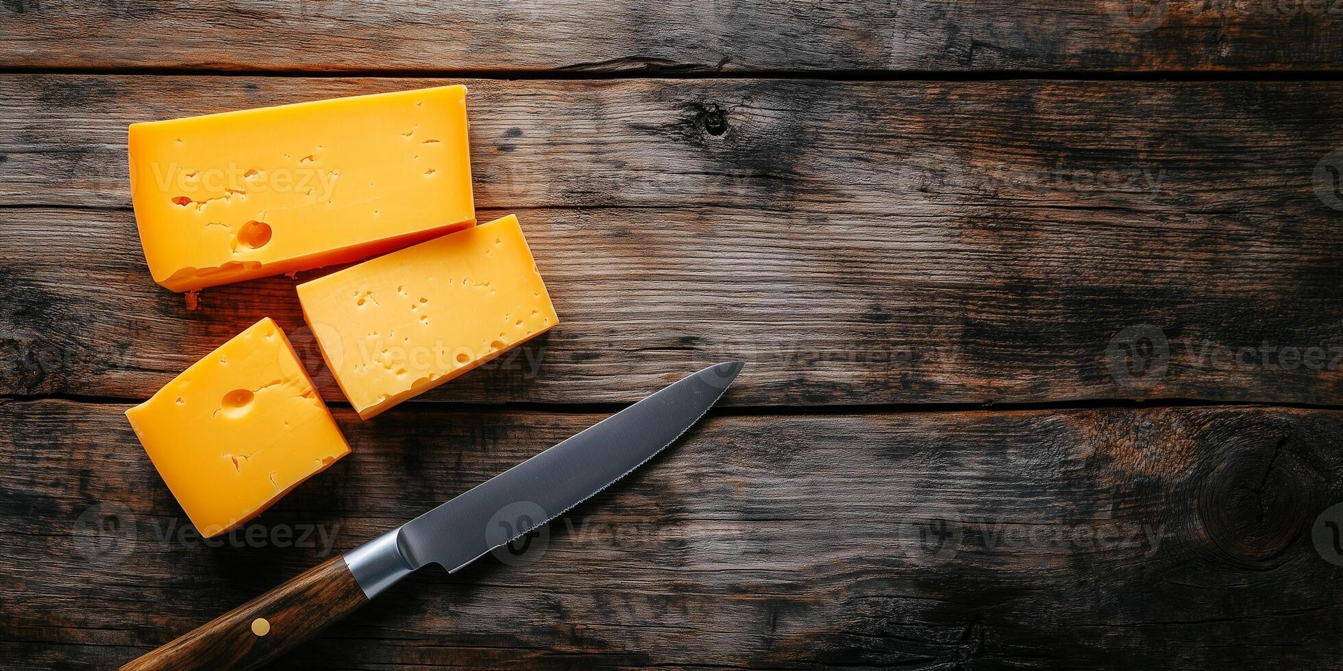 Sliced cheddar cheese block on a wooden surface with a knife nearby, photorealistic food photo