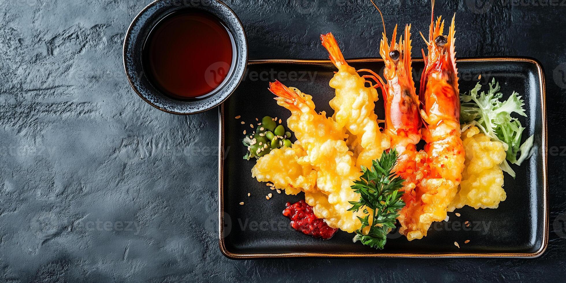 Tempura dish with shrimp and vegetables on a flat plate with a sauce bowl, gastronomy photography photo