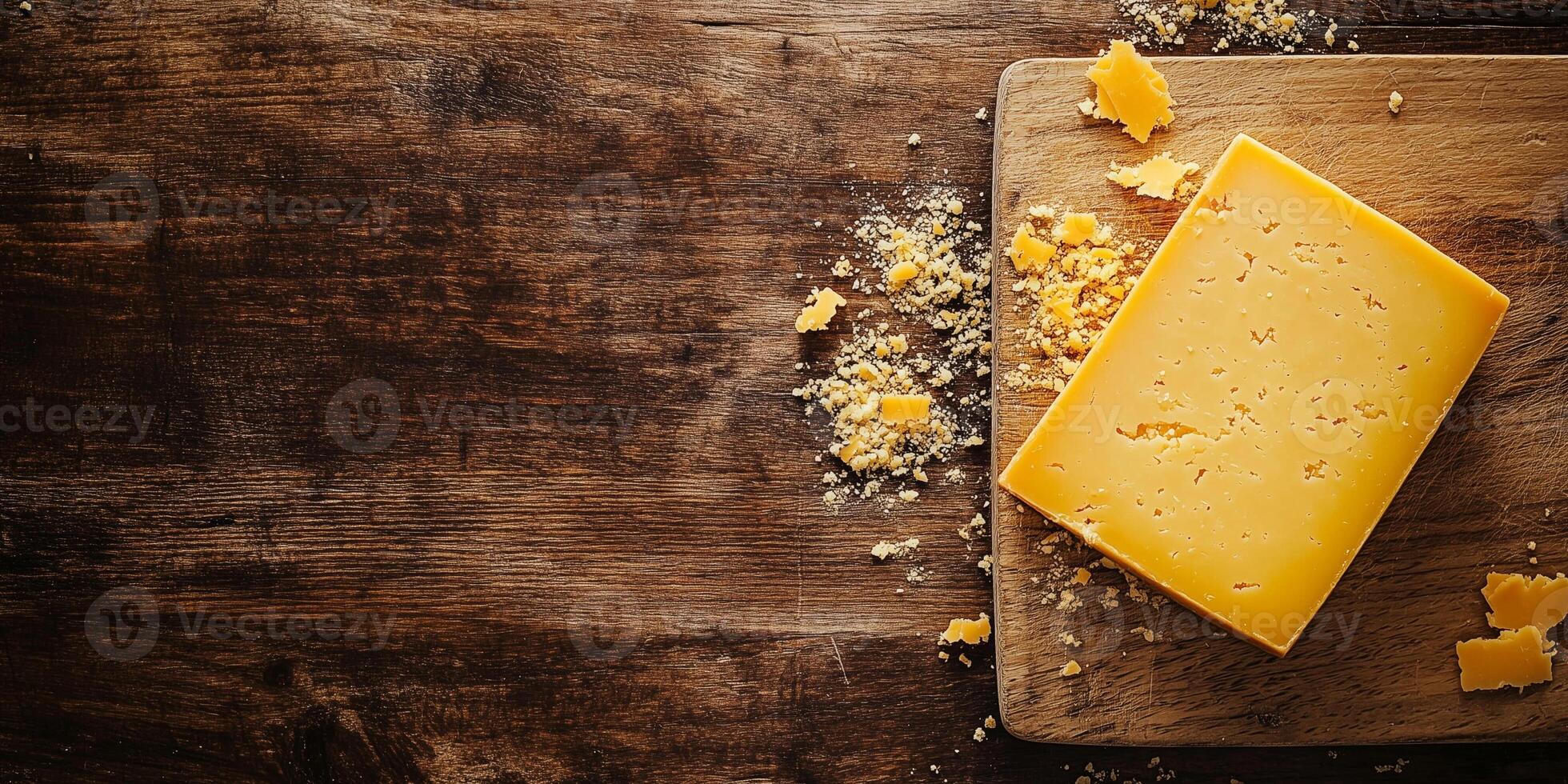 Top view of a cheddar cheese block on a wooden cutting board with crumbs, gastronomy photography photo
