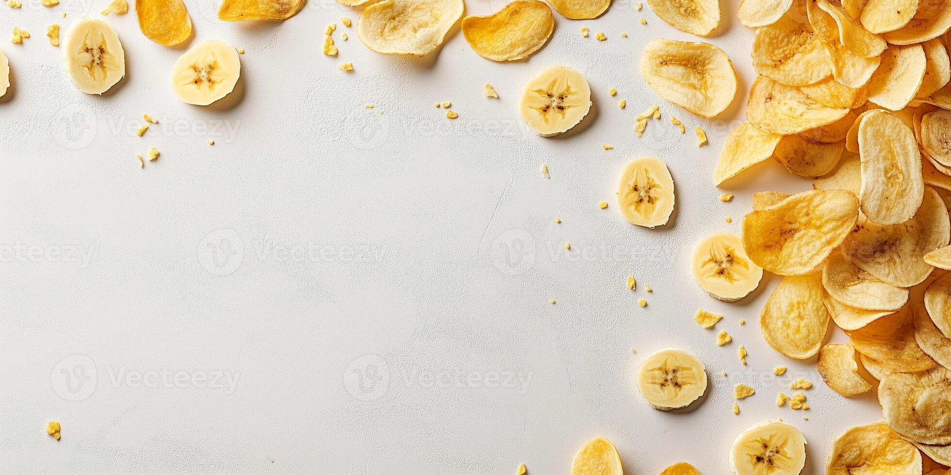 Top view of banana chips scattered on a flat surface, photorealistic food photo