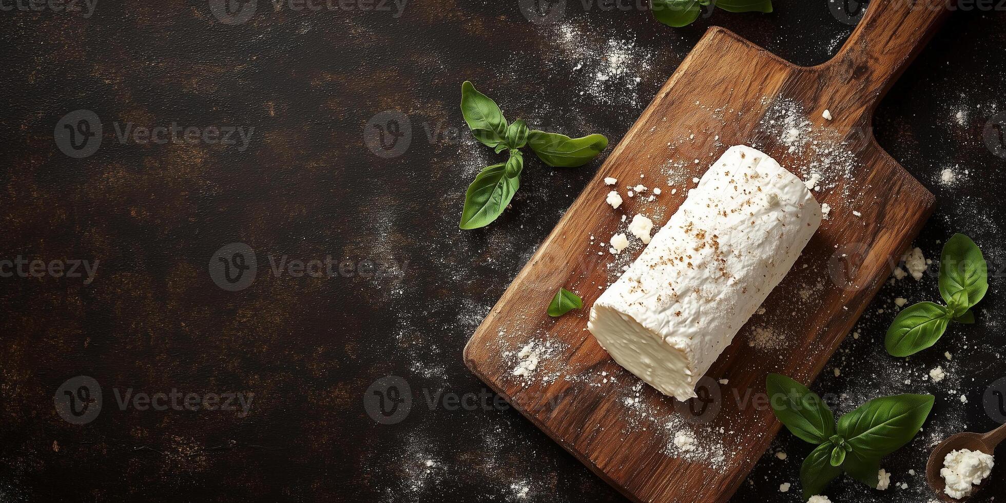 Top view of a goat cheese log on a wooden cutting board with crumbs around, photorealistic food photo