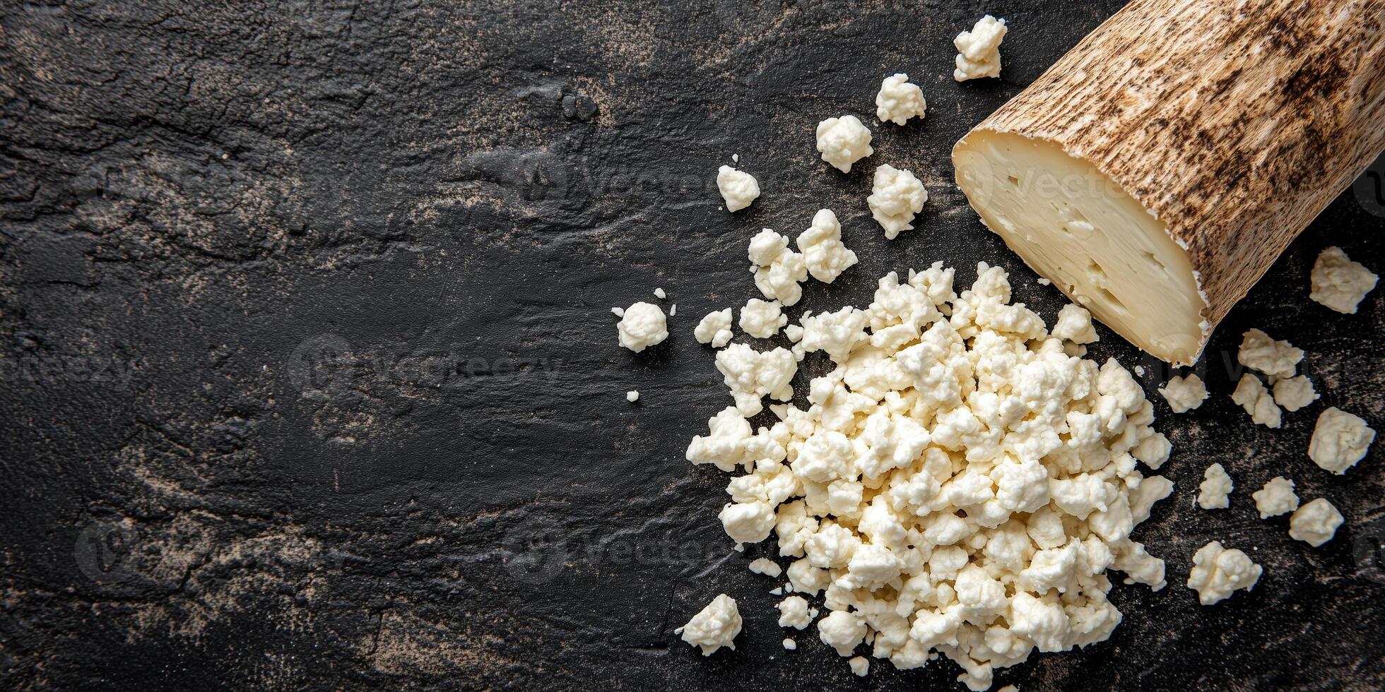Top view of goat cheese crumbles scattered on a flat surface with a log nearby, gastronomy photography photo