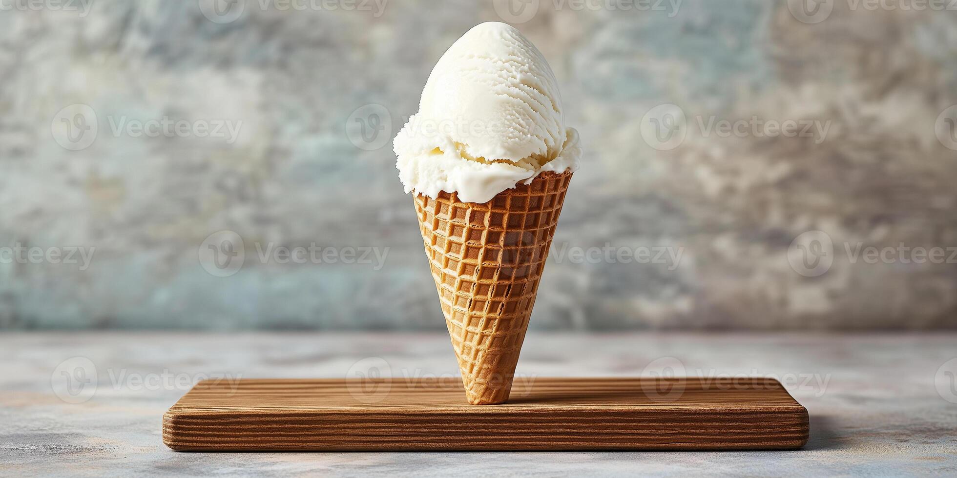 Vanilla ice cream cone on a wooden board, leaning slightly to one side, gastronomy photography photo