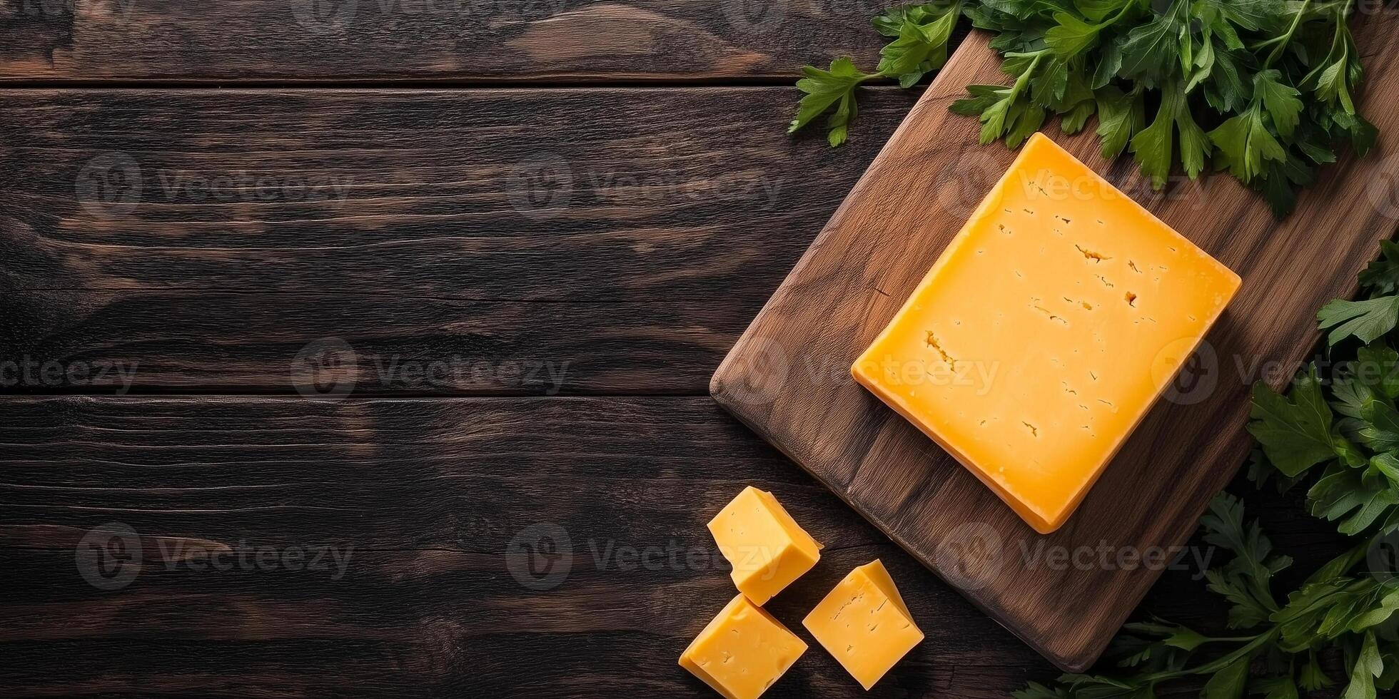 Whole block of cheddar cheese on a cutting board with a few slices removed, gastronomy photography photo