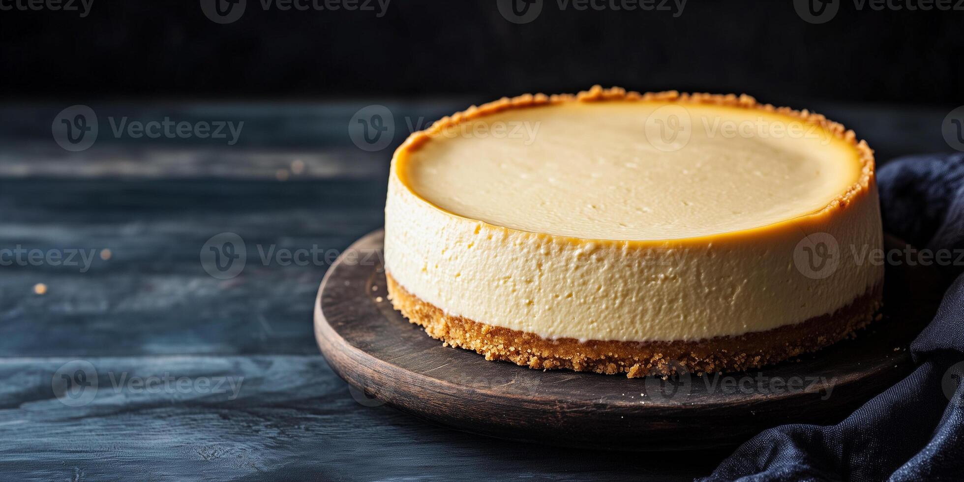 Whole cheesecake with a uniform surface on a round serving dish, gastronomy photography photo