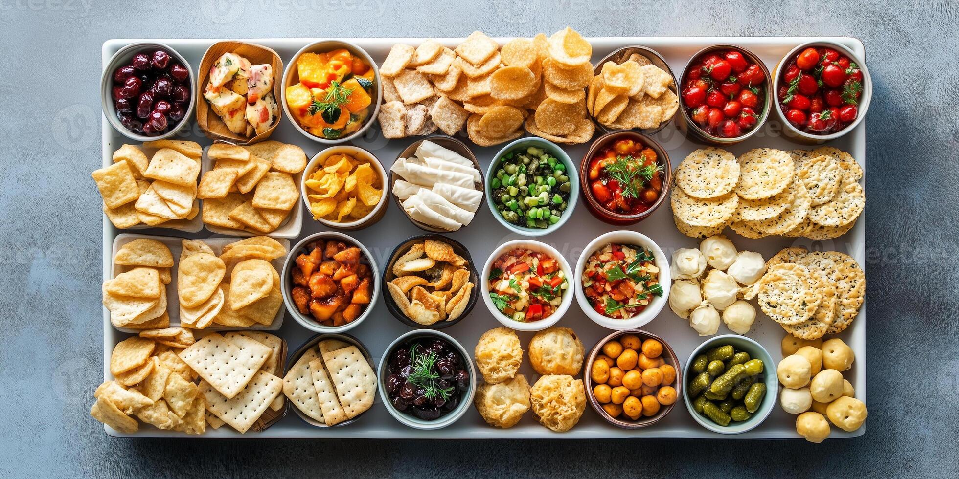 Array of small individual portions of snacks set on rectangular tray, gastronomy photography photo