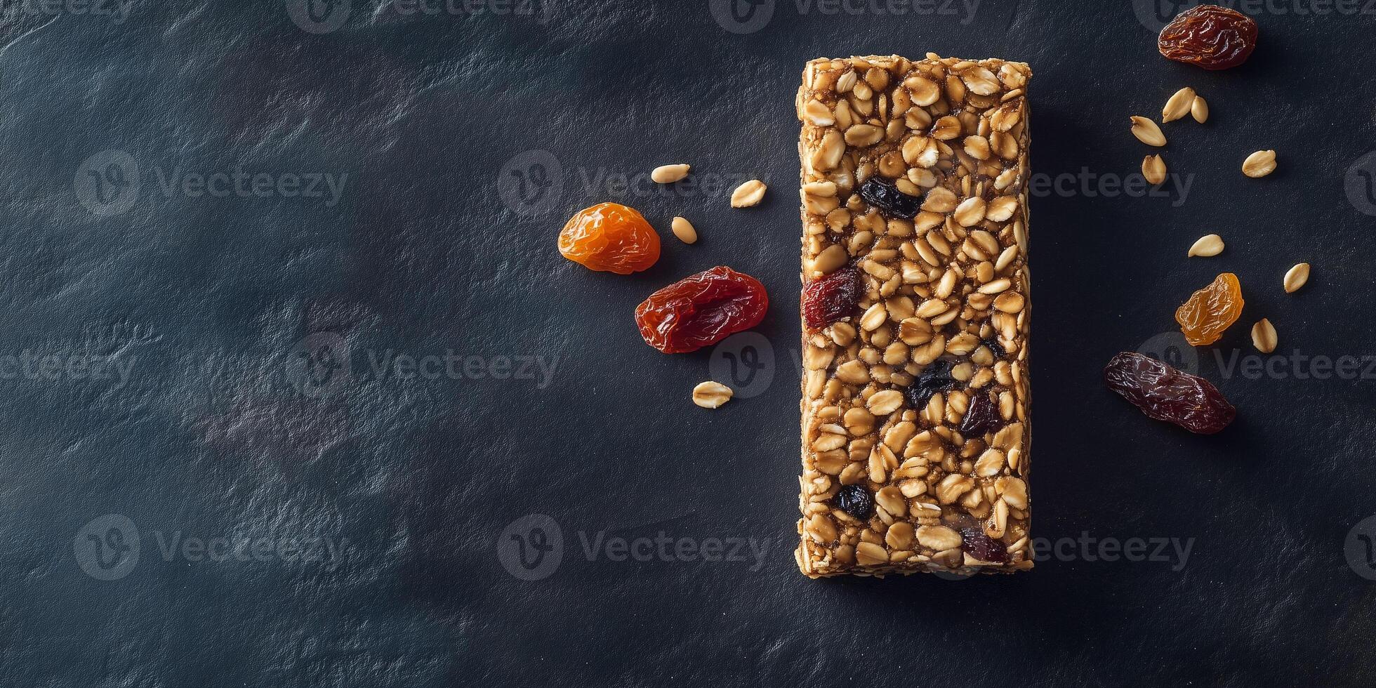 Energy bar with visible grains, seeds, and dried fruits on a flat surface, gastronomy photography photo