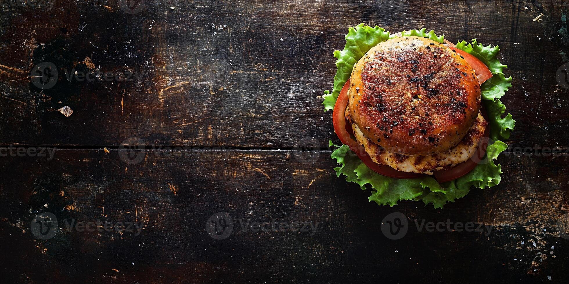 Assembled burger with a chicken patty, resting on a flat surface, photorealistic food photo