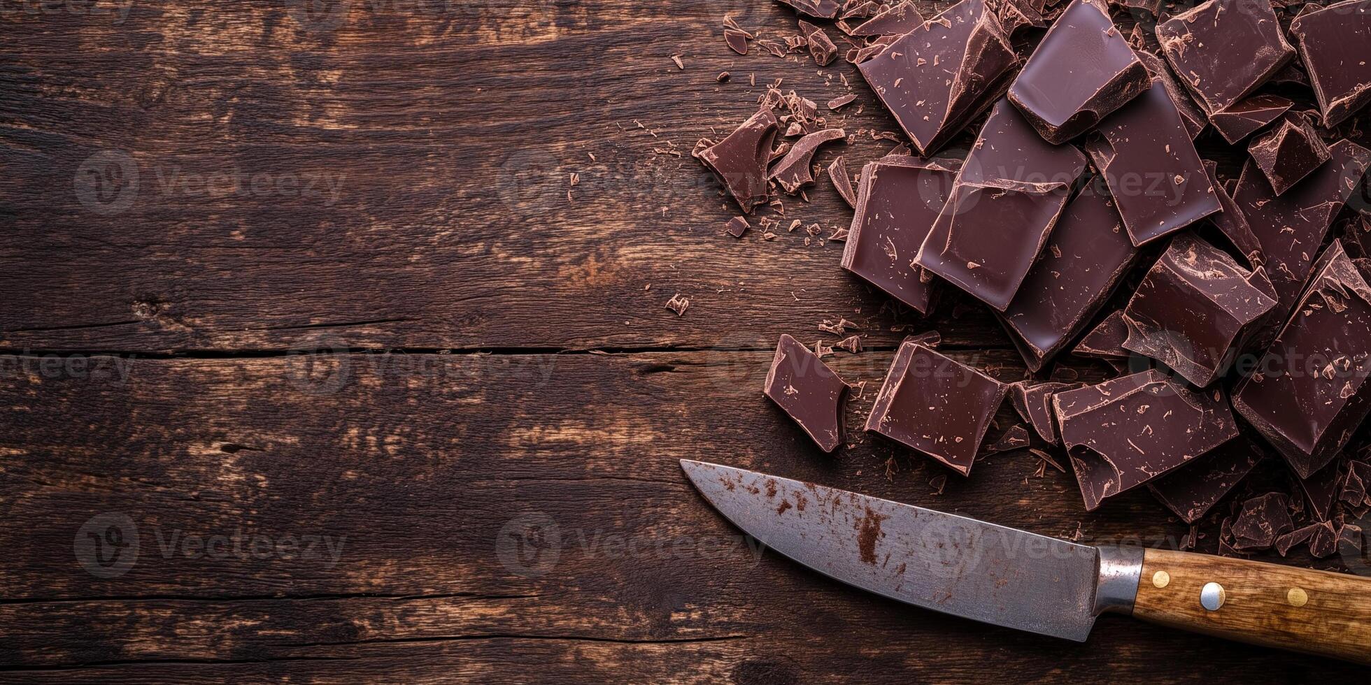 Broken chocolate bars scattered on a serving platter with nuts, photorealistic food photo