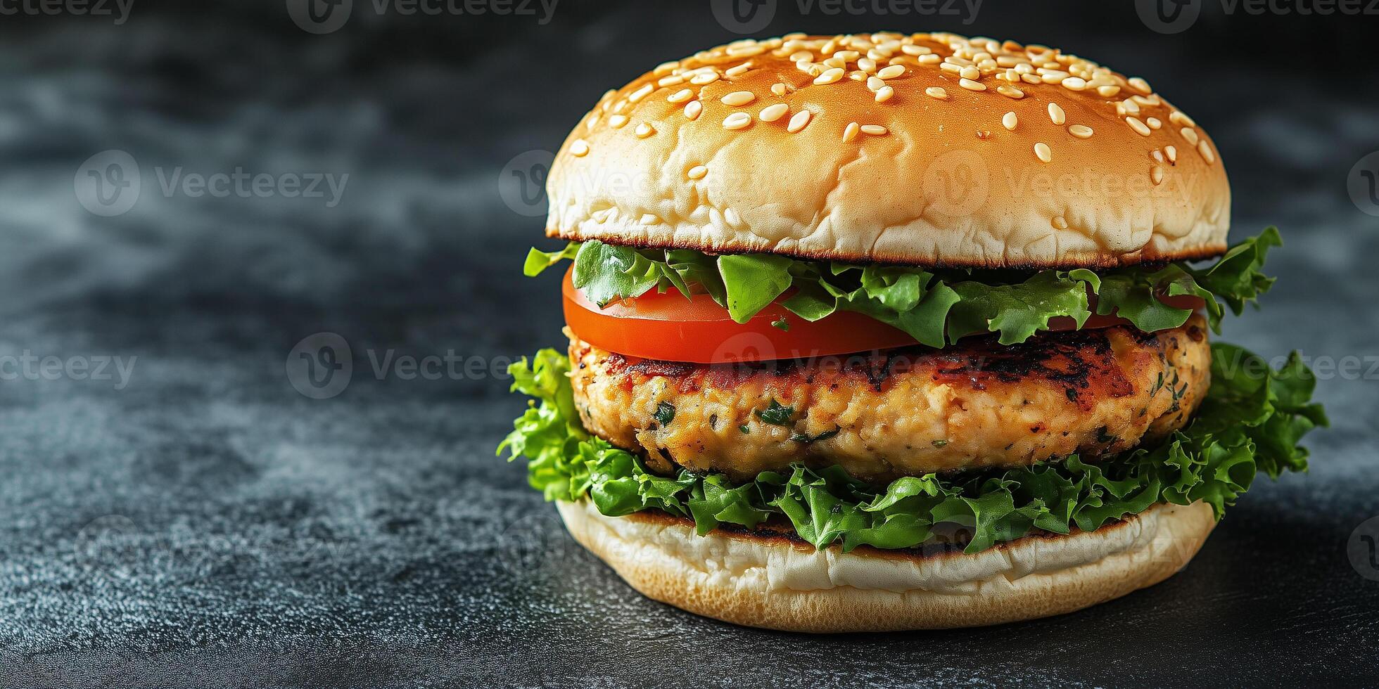 Close-up of a chicken burger with visible layers, resting on a simple background, gastronomy photography photo
