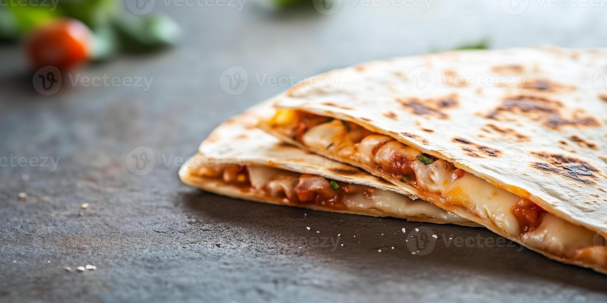 Close-up of a folded quesadilla with cheese, lying flat on a plain surface, photorealistic food photo
