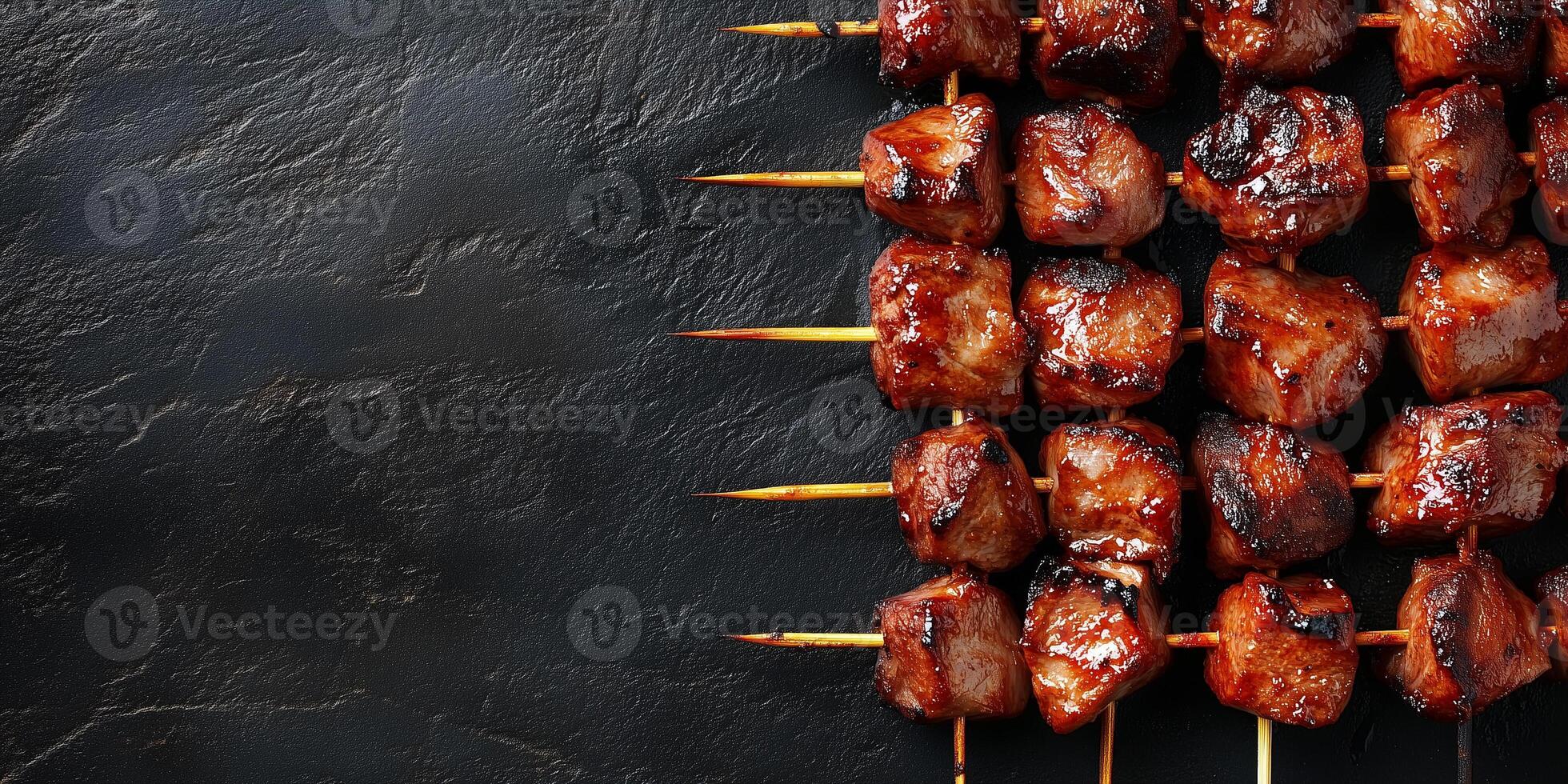 Close-up of skewer with grilled meat and vegetables arranged in sequence, gastronomy photography photo