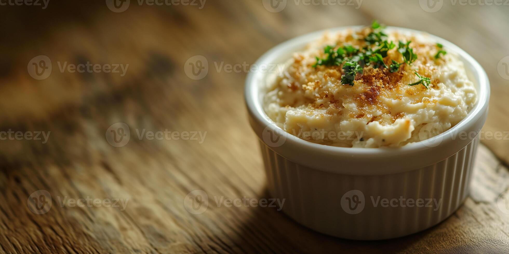 Dip served in a small ramekin with a consistent texture and no visible garnishes, gastronomy photography photo