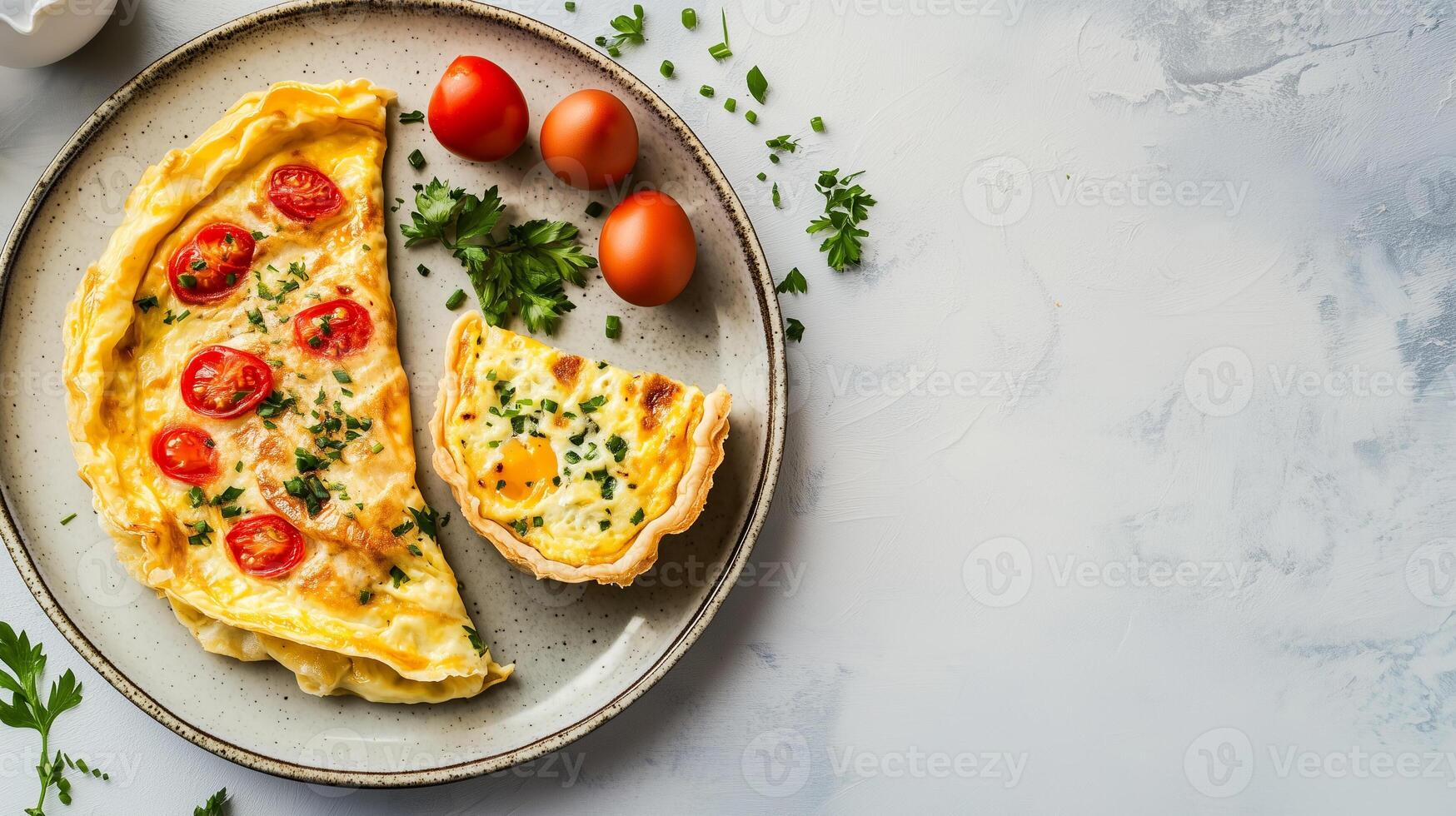 Egg dishes on a large plate featuring omelets and quiche, gastronomy photography photo