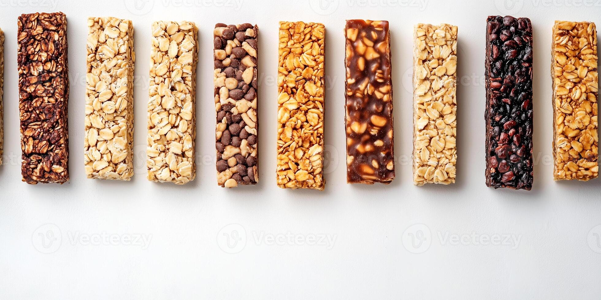 Granola bars arranged in a row, showcasing texture and ingredients, gastronomy photography photo